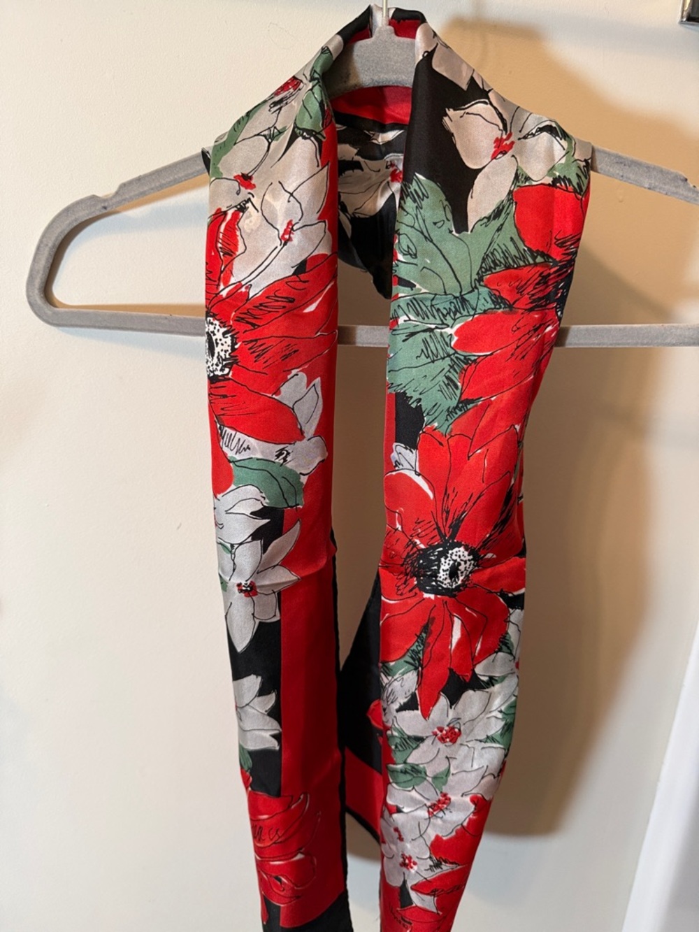 Vintage Floral poinsettias Red & Black Satin Scarf - Women's Accessory